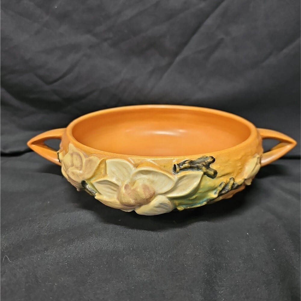 Vintage Roseville Pottery Green Double Handled Magnolia Bowl #447-6 1940's
